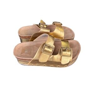 Horizon Gold Metallic Platform Sandals Double Strap Buckle Studded Slides 8.5M